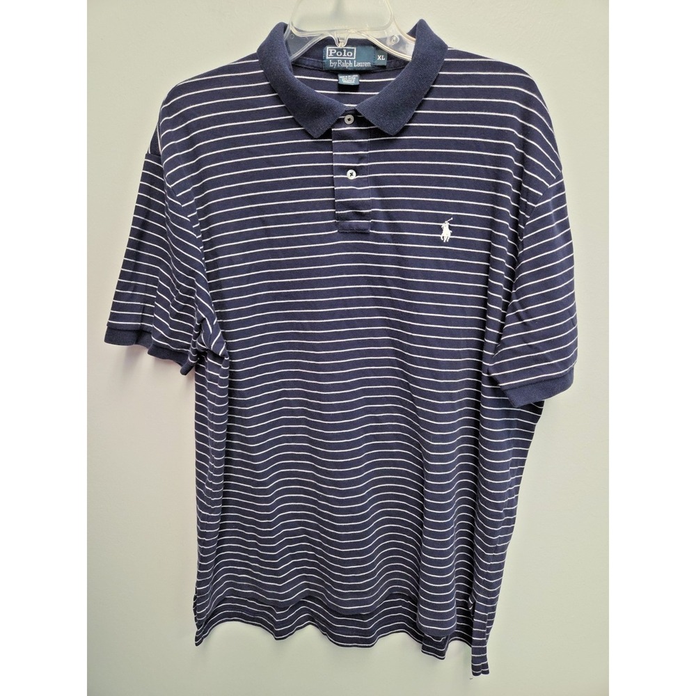 Polo Ralph Lauren Mens XL Striped Polo SS Shirt Navy Cotton White Pony Logo